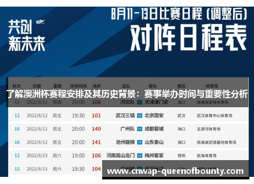 了解澳洲杯赛程安排及其历史背景:赛事举办时间与重要性分析 了解澳洲杯赛程安排及其历史背景:赛事举办时间与重要性分析