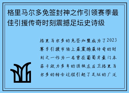 格里马尔多免签封神之作引领赛季最佳引援传奇时刻震撼足坛史诗级